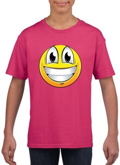 Bellatio Decorations Smiley/ emoticon t-shirt super vrolijk roze kinderen L (146-152)