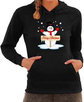 Bellatio Decorations Sneeuwpop Merry Christmas foute Kerst hoodie / hooded sweater zwart voor dames S - kerst truien