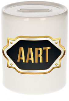 Bellatio Decorations Spaarpot met voornaam Aart - wit - goud/zwart embleem - 8 x 9 cm - keramiek - afsluitdop Multi