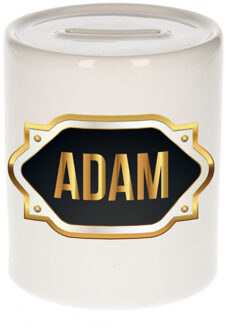 Bellatio Decorations Spaarpot met voornaam Adam - wit - goud/zwart embleem - 8 x 9 cm - keramiek - afsluitdop