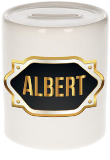Bellatio Decorations Spaarpot met voornaam Albert - wit - goud/zwart embleem - 8 x 9 cm - keramiek - afsluitdop