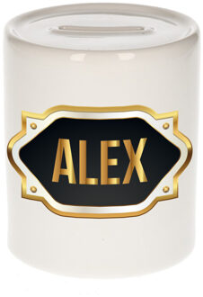Bellatio Decorations Spaarpot met voornaam Alex - wit - goud/zwart embleem - 8 x 9 cm - keramiek - afsluitdop