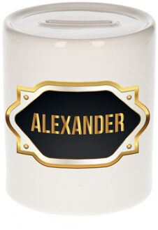Bellatio Decorations Spaarpot met voornaam Alexander - wit - goud/zwart embleem - 8 x 9 cm - keramiek - afsluitdop Multi