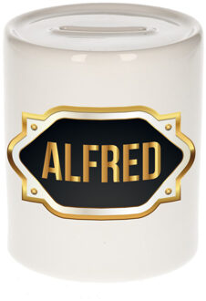 Bellatio Decorations Spaarpot met voornaam Alfred - wit - goud/zwart embleem - 8 x 9 cm - keramiek - afsluitdop Multi