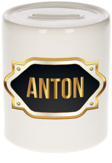 Bellatio Decorations Spaarpot met voornaam Anton - wit - goud/zwart embleem - 8 x 9 cm - keramiek - afsluitdop