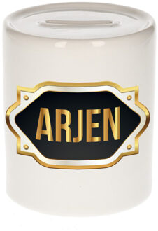 Bellatio Decorations Spaarpot met voornaam Arjen - wit - goud/zwart embleem - 8 x 9 cm - keramiek - afsluitdop Multi