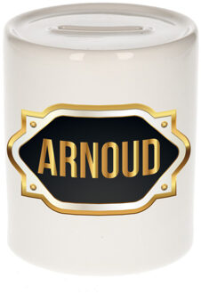 Bellatio Decorations Spaarpot met voornaam Arnoud - wit - goud/zwart embleem - 8 x 9 cm - keramiek - afsluitdop Multi