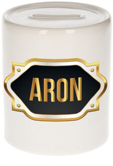 Bellatio Decorations Spaarpot met voornaam Aron - wit - goud/zwart embleem - 8 x 9 cm - keramiek - afsluitdop