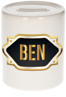 Bellatio Decorations Spaarpot met voornaam Ben - wit - goud/zwart embleem - 8 x 9 cm - keramiek - afsluitdop Multi