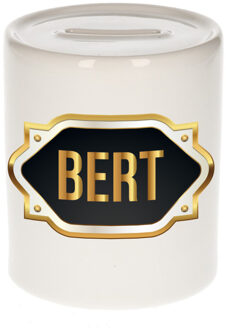 Bellatio Decorations Spaarpot met voornaam Bert - wit - goud/zwart embleem - 8 x 9 cm - keramiek - afsluitdop Multi