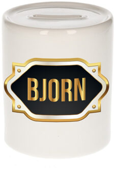 Bellatio Decorations Spaarpot met voornaam Bjorn - wit - goud/zwart embleem - 8 x 9 cm - keramiek - afsluitdop