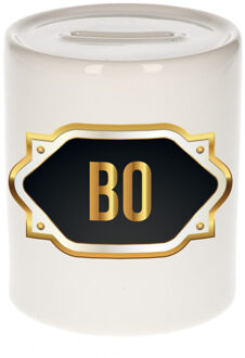 Bellatio Decorations Spaarpot met voornaam Bo - wit - goud/zwart embleem - 8 x 9 cm - keramiek - afsluitdop