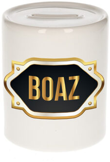 Bellatio Decorations Spaarpot met voornaam Boaz - wit - goud/zwart embleem - 8 x 9 cm - keramiek - afsluitdop