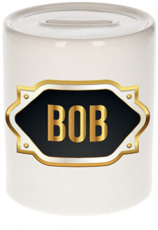 Bellatio Decorations Spaarpot met voornaam Bob - wit - goud/zwart embleem - 8 x 9 cm - keramiek - afsluitdop Multi