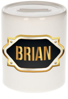 Bellatio Decorations Spaarpot met voornaam Brian - wit - goud/zwart embleem - 8 x 9 cm - keramiek - afsluitdop Multi
