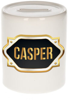Bellatio Decorations Spaarpot met voornaam Casper - wit - goud/zwart embleem - 8 x 9 cm - keramiek - afsluitdop