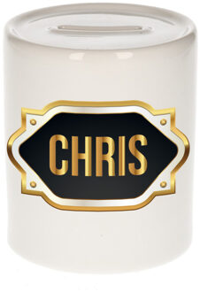 Bellatio Decorations Spaarpot met voornaam Chris - wit - goud/zwart embleem - 8 x 9 cm - keramiek - afsluitdop