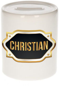 Bellatio Decorations Spaarpot met voornaam Christian - wit - goud/zwart embleem - 8 x 9 cm - keramiek - afsluitdop Multi