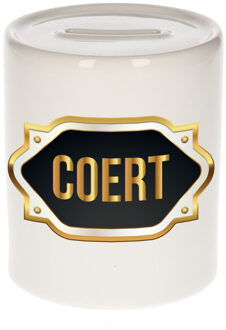 Bellatio Decorations Spaarpot met voornaam Coert - wit - goud/zwart embleem - 8 x 9 cm - keramiek - afsluitdop