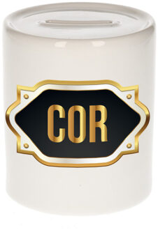 Bellatio Decorations Spaarpot met voornaam Cor - wit - goud/zwart embleem - 8 x 9 cm - keramiek - afsluitdop Multi