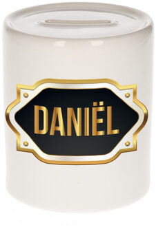 Bellatio Decorations Spaarpot met voornaam Daniel - wit - goud/zwart embleem - 8 x 9 cm - keramiek - afsluitdop Multi