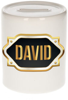 Bellatio Decorations Spaarpot met voornaam David - wit - goud/zwart embleem - 8 x 9 cm - keramiek - afsluitdop Multi