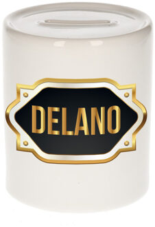 Bellatio Decorations Spaarpot met voornaam Delano - wit - goud/zwart embleem - 8 x 9 cm - keramiek - afsluitdop
