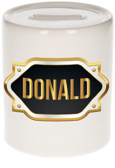 Bellatio Decorations Spaarpot met voornaam Donald - wit - goud/zwart embleem - 8 x 9 cm - keramiek - afsluitdop