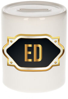 Bellatio Decorations Spaarpot met voornaam Ed - wit - goud/zwart embleem - 8 x 9 cm - keramiek - afsluitdop Multi
