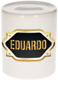 Bellatio Decorations Spaarpot met voornaam Eduardo - wit - goud/zwart embleem - 8 x 9 cm - keramiek - afsluitdop Multi