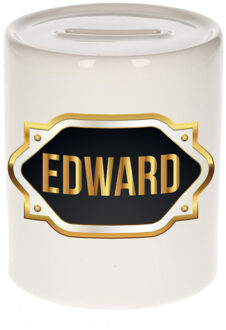 Bellatio Decorations Spaarpot met voornaam Edward - wit - goud/zwart embleem - 8 x 9 cm - keramiek - afsluitdop Multi