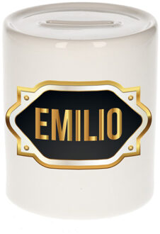 Bellatio Decorations Spaarpot met voornaam Emilio - wit - goud/zwart embleem - 8 x 9 cm - keramiek - afsluitdop Multi