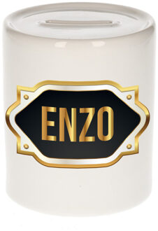 Bellatio Decorations Spaarpot met voornaam Enzo - wit - goud/zwart embleem - 8 x 9 cm - keramiek - afsluitdop Multi