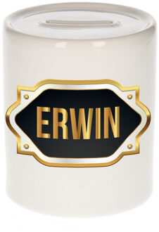 Bellatio Decorations Spaarpot met voornaam Erwin - wit - goud/zwart embleem - 8 x 9 cm - keramiek - afsluitdop Multi