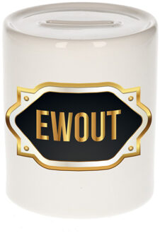 Bellatio Decorations Spaarpot met voornaam Ewout - wit - goud/zwart embleem - 8 x 9 cm - keramiek - afsluitdop
