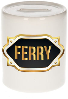 Bellatio Decorations Spaarpot met voornaam Ferry - wit - goud/zwart embleem - 8 x 9 cm - keramiek - afsluitdop