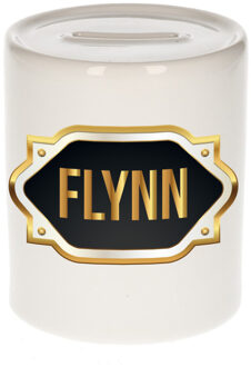 Bellatio Decorations Spaarpot met voornaam Flynn - wit - goud/zwart embleem - 8 x 9 cm - keramiek - afsluitdop
