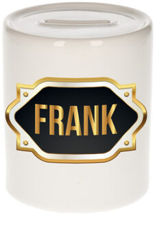 Bellatio Decorations Spaarpot met voornaam Frank - wit - goud/zwart embleem - 8 x 9 cm - keramiek - afsluitdop