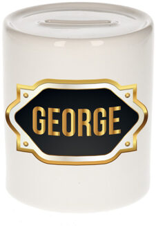 Bellatio Decorations Spaarpot met voornaam George - wit - goud/zwart embleem - 8 x 9 cm - keramiek - afsluitdop