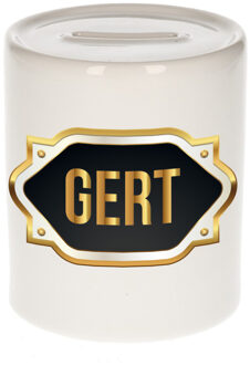 Bellatio Decorations Spaarpot met voornaam Gert - wit - goud/zwart embleem - 8 x 9 cm - keramiek - afsluitdop