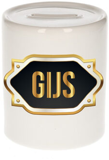 Bellatio Decorations Spaarpot met voornaam Gijs - wit - goud/zwart embleem - 8 x 9 cm - keramiek - afsluitdop