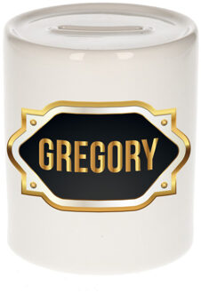 Bellatio Decorations Spaarpot met voornaam Gregory - wit - goud/zwart embleem - 8 x 9 cm - keramiek - afsluitdop Multi