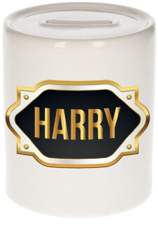 Bellatio Decorations Spaarpot met voornaam Harry - wit - goud/zwart embleem - 8 x 9 cm - keramiek - afsluitdop Multi