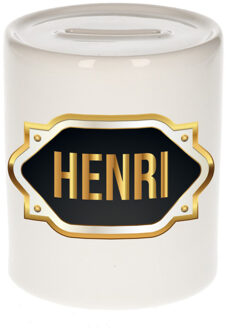 Bellatio Decorations Spaarpot met voornaam Henri - wit - goud/zwart embleem - 8 x 9 cm - keramiek - afsluitdop