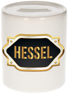 Bellatio Decorations Spaarpot met voornaam Hessel - wit - goud/zwart embleem - 8 x 9 cm - keramiek - afsluitdop Multi