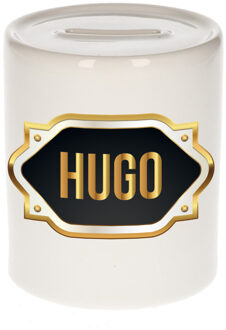 Bellatio Decorations Spaarpot met voornaam Hugo - wit - goud/zwart embleem - 8 x 9 cm - keramiek - afsluitdop Multi