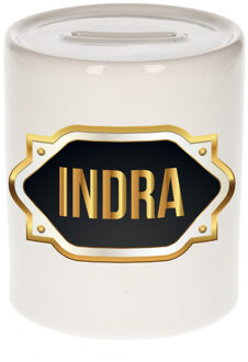 Bellatio Decorations Spaarpot met voornaam Indra - wit - goud/zwart embleem - 8 x 9 cm - keramiek - afsluitdop