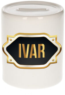 Bellatio Decorations Spaarpot met voornaam Ivar - wit - goud/zwart embleem - 8 x 9 cm - keramiek - afsluitdop
