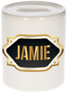 Bellatio Decorations Spaarpot met voornaam Jamie - wit - goud/zwart embleem - 8 x 9 cm - keramiek - afsluitdop Multi