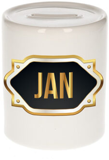 Bellatio Decorations Spaarpot met voornaam Jan - wit - goud/zwart embleem - 8 x 9 cm - keramiek - afsluitdop